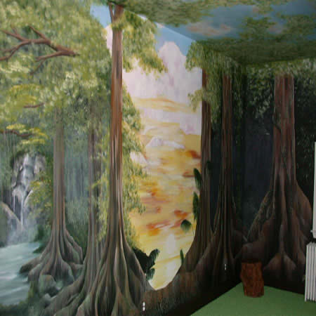 Rain forest mural commissioned by long time client who was frustrated by lack of rain forest themed wall coverings. She initially called us for another project.  Long story short, our client did not need wall covering. Mural Painted by Thom Kostura.